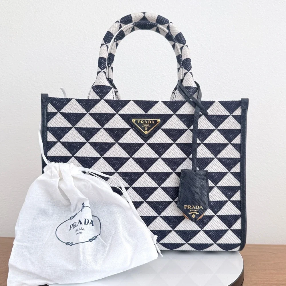 Prada Milano 1BA354 Symbole Jacquard Tote Blue White Triangle Pattern Bag Italy
